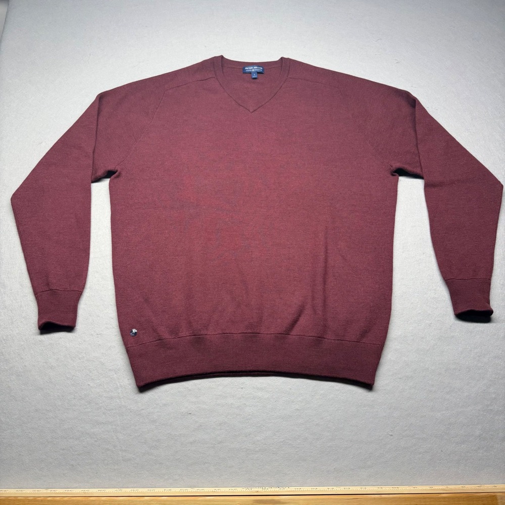 Peter Millar Crown Crafted Mens Large Burgundy Merino Wool V-Neck Sweater